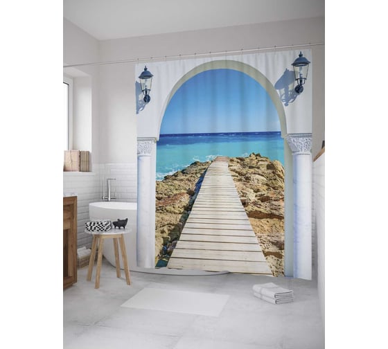 Штора (занавеска) для ванной JoyArty "Арка на побережье" из сатена, 180х200 см с крючками, sc_11835 1