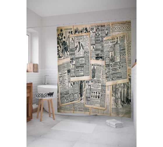 Штора (занавеска) для ванной JoyArty "Газетные редакции" из сатена, 180х200 см с крючками, sc_15860 1