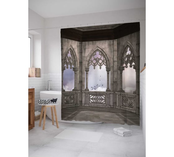 Штора (занавеска) для ванной JoyArty "Небесный балкон" из сатена, 180х200 см с крючками, sc_15431