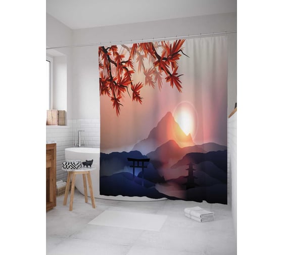 Штора (занавеска) для ванной JoyArty "Солнце за японскими горами" из сатена, 180х200 см с крючками, sc_15818