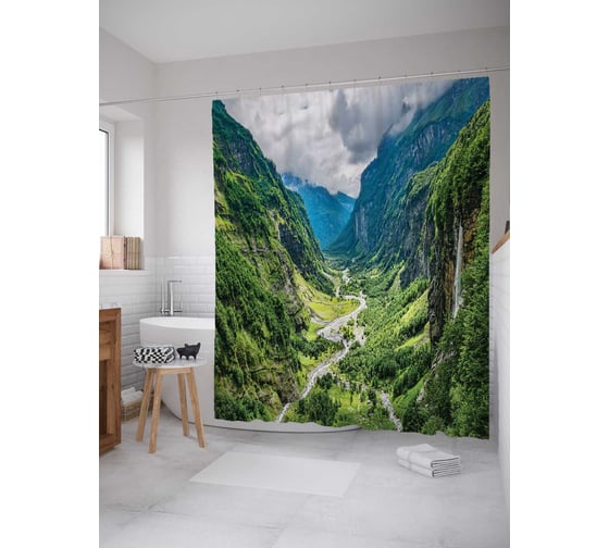 Штора (занавеска) для ванной JoyArty "Зеленистые горы до неба" из сатена, 180х200 см с крючками, sc_16183 1