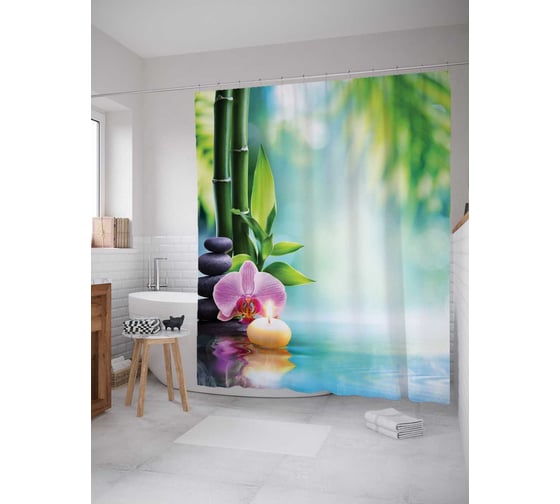 Штора (занавеска) для ванной JoyArty "Орхидея и свеча" из сатена, 180х200 см с крючками, sc_16374 1