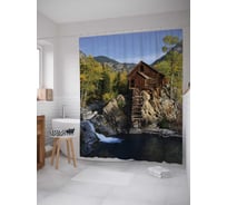 Штора (занавеска) для ванной JoyArty "Домик с выходом на реку" из сатена, 180х200 см с крючками, sc_16172