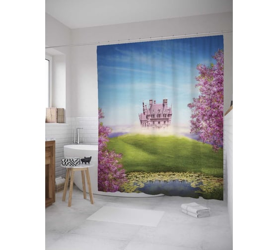 Штора (занавеска) для ванной JoyArty "Сказочное поместье" из сатена, 180х200 см с крючками, sc_11959 1