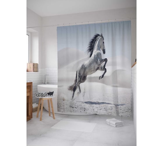Штора (занавеска) для ванной JoyArty "Пустынная лошадь" из сатена, 180х200 см с крючками, sc_16146 1