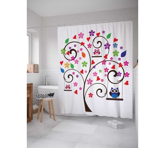 Штора (занавеска) для ванной JoyArty "Совиное дерево" из сатена, 180х200 см sc_378969 1