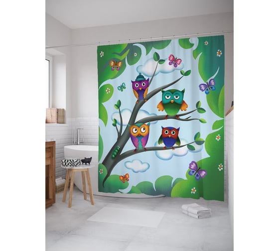 Штора (занавеска) для ванной JoyArty "Совы на ветках" из сатена, 180х200 см sc_378651 1
