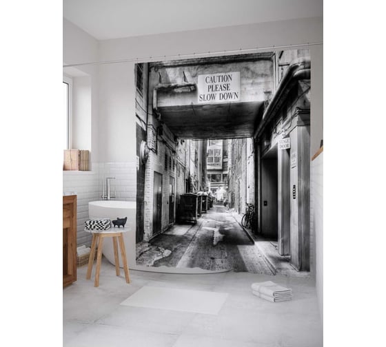 Штора (занавеска) для ванной JoyArty "Опасное место" из сатена, 180х200 см с крючками, sc_29321 1