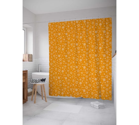 Штора (занавеска) для ванной JoyArty "Сердечки и цветочки дудл" из сатена, 180х200 см с крючками, sc_28752