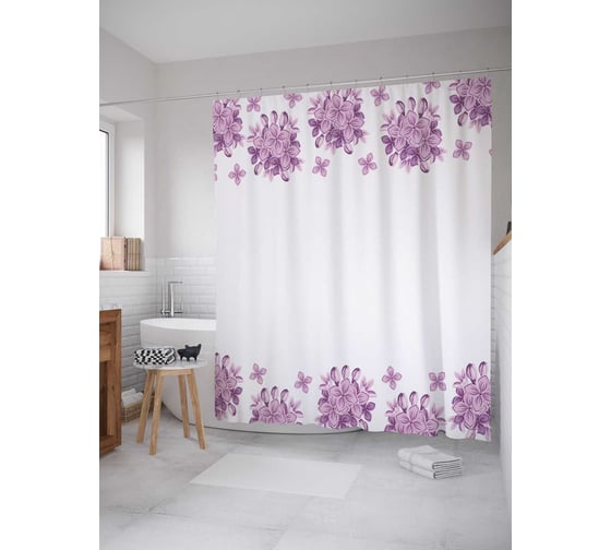 Штора (занавеска) для ванной JoyArty "Сиреневые цветы" из сатена, 180х200 см с крючками, sc_29364 1