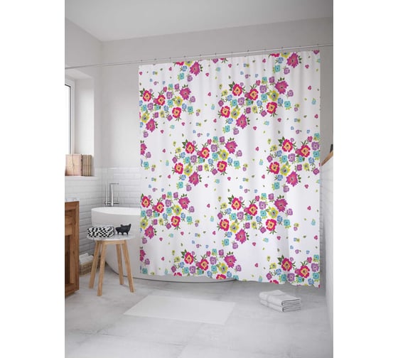 Штора (занавеска) для ванной JoyArty "Разноцветные цветочки" из сатена, 180х200 см с крючками, sc_29380 1