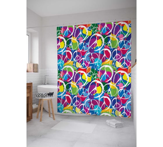 Штора (занавеска) для ванной JoyArty "Радужный пацифист" из сатена, 180х200 см с крючками, sc_15608 1