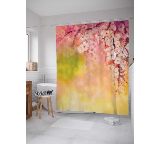 Штора (занавеска) для ванной JoyArty "Красочная сакура" из сатена, 180х200 см с крючками, sc_14307 1