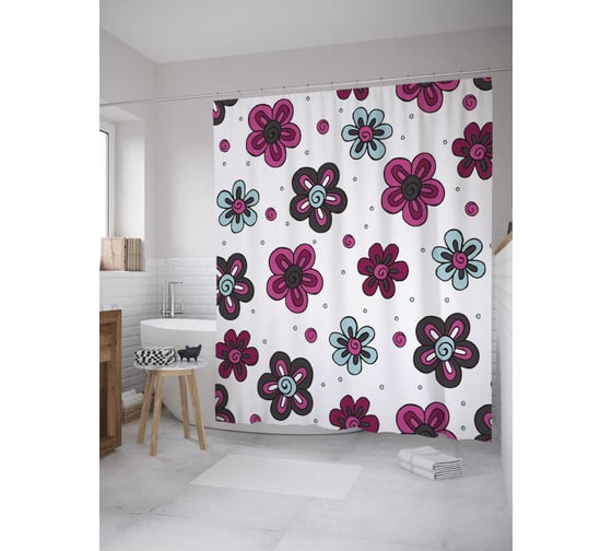 Штора (занавеска) для ванной JoyArty "Цветы в стиле дудл" из сатена, 180х200 см с крючками, sc_27693 1