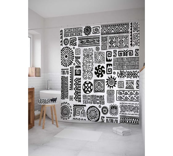 Штора (занавеска) для ванной JoyArty "Ацтекские узоры" из сатена, 180х200 см с крючками, sc_29443 1