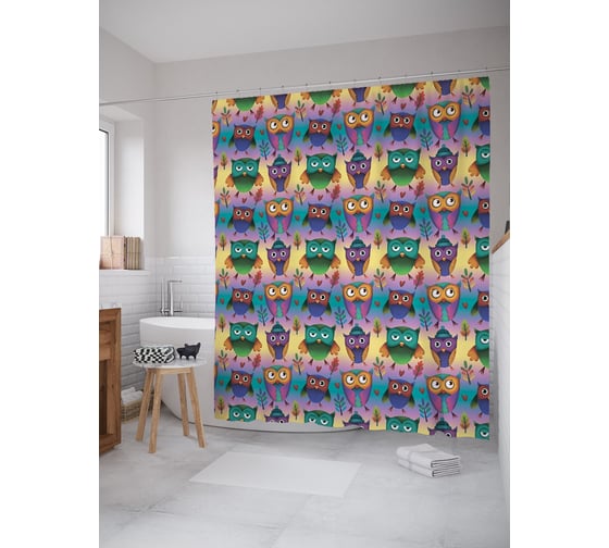 Штора (занавеска) для ванной JoyArty "Собрание сов" из сатена, 180х200 см sc_378652 1