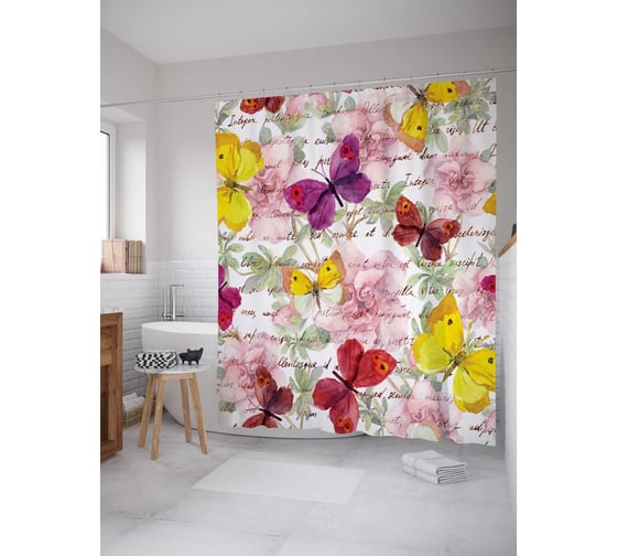 Штора (занавеска) для ванной JoyArty "Письмо в бабочках" из сатена, 180х200 см с крючками, sc_11030 1