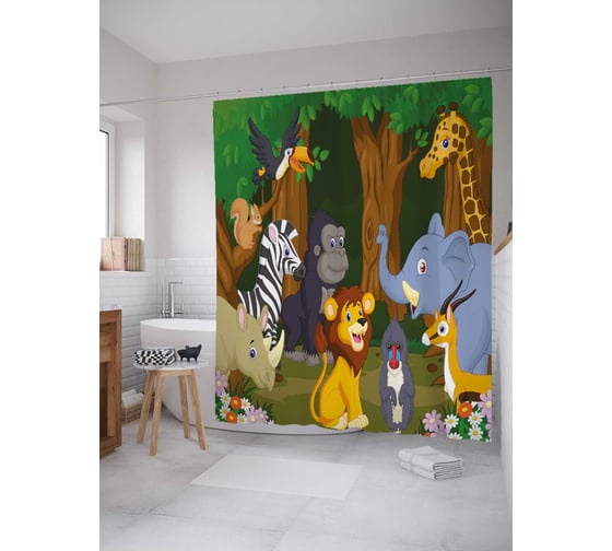 Штора (занавеска) для ванной JoyArty "Собрались зверюшек" из сатена, 180х200 см с крючками, sc_29485 1