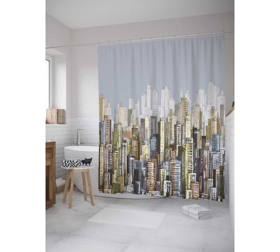 Штора (занавеска) для ванной JoyArty "Американские небоскребы" из сатена, 180х200 см с крючками, sc_27924