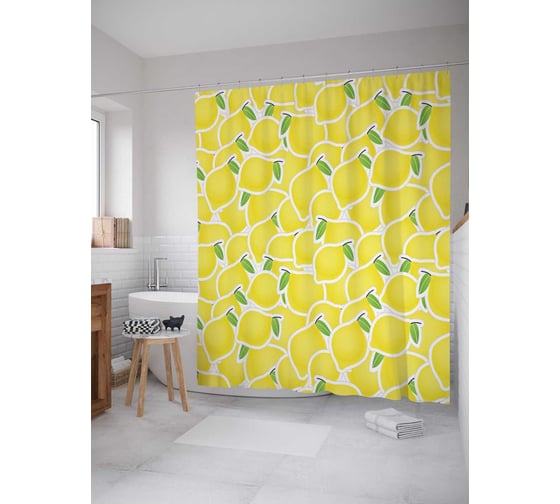 Штора (занавеска) для ванной JoyArty "Лимонное полотно" из сатена, 180х200 см с крючками, sc_13410