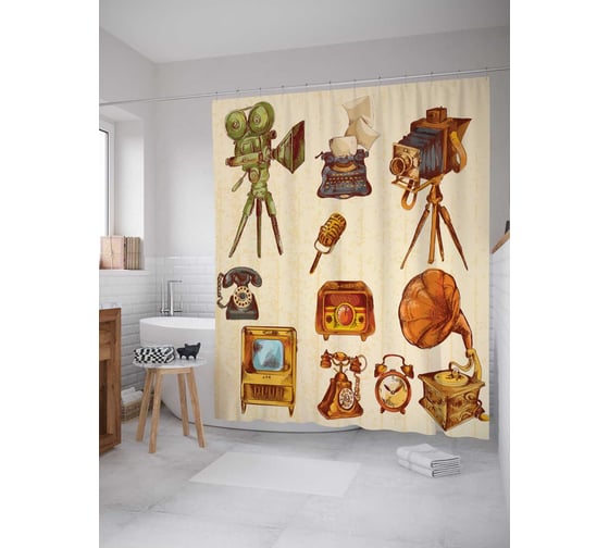 Штора (занавеска) для ванной JoyArty "Стерео техника" из сатена, 180х200 см с крючками, sc_29523 1