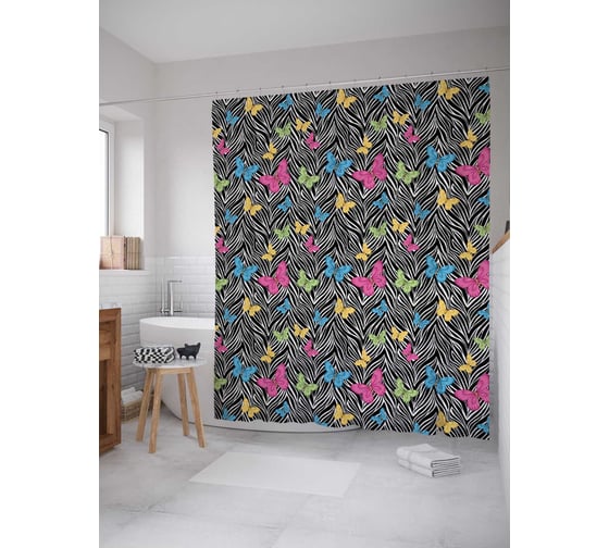 Штора (занавеска) для ванной JoyArty "Веселые мотыльки" из сатена, 180х200 см с крючками, sc_12966 1