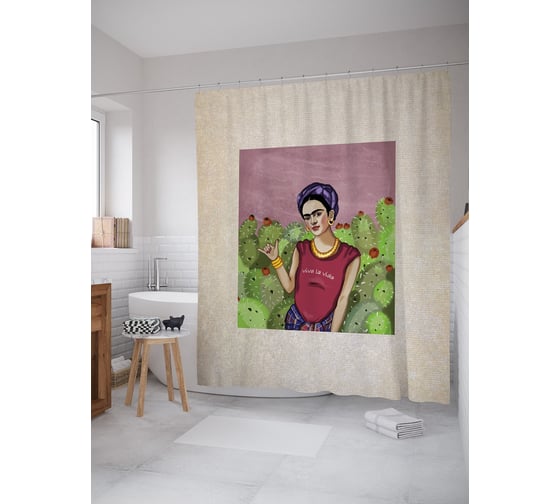 Штора (занавеска) для ванной JoyArty "Тусовая Фрида в рамке" из сатена, 180х200 см sc_378644 1