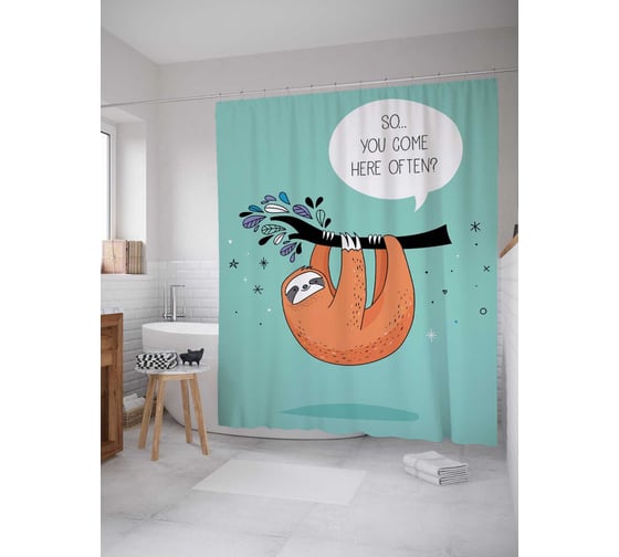 Штора (занавеска) для ванной JoyArty "Ленивец на ветке" из сатена, 180х200 см с крючками, sc_26329 1