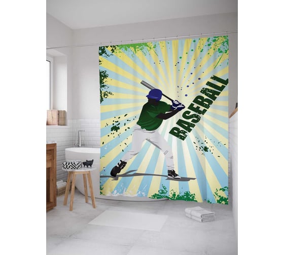 Штора (занавеска) для ванной JoyArty "Чудный бейсбол" из сатена, 180х200 см с крючками, sc_17295 1