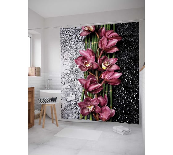 Штора (занавеска) для ванной JoyArty "Цветочное разделение" из сатена, 180х200 см с крючками, sc_2729 1