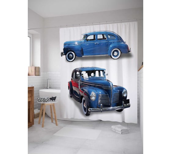 Штора (занавеска) для ванной JoyArty "Авто из прошлого века" из сатена, 180х200 см с крючками, sc_17113