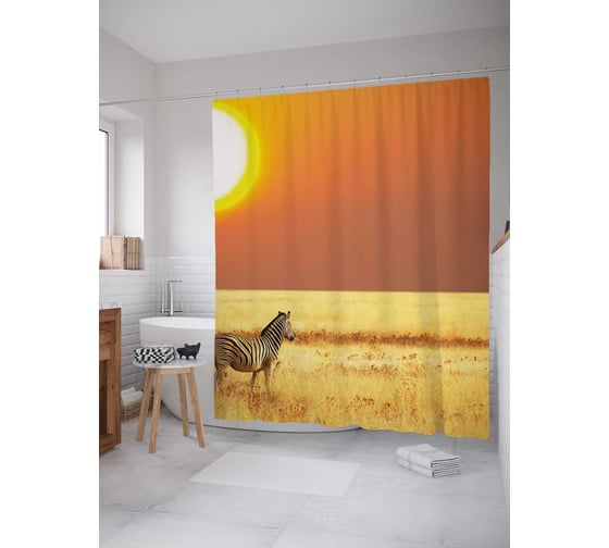 Штора (занавеска) для ванной JoyArty "Одинокая зебра на закате" из сатена, 180х200 см с крючками, sc_14680 1