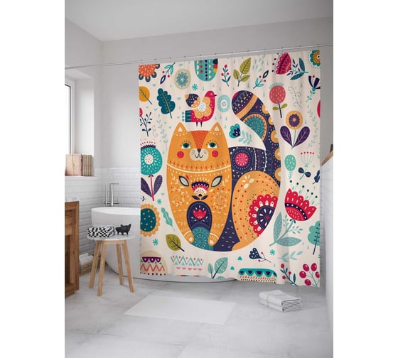 Штора (занавеска) для ванной JoyArty "Расписной котейка" из сатена, 180х200 см с крючками, sc_26154 1