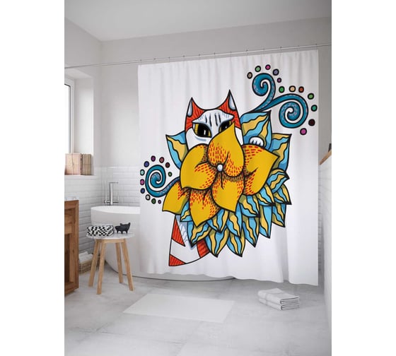 Штора (занавеска) для ванной JoyArty "Котик спрятался в цветах" из сатена, 180х200 см с крючками, sc_15558 1