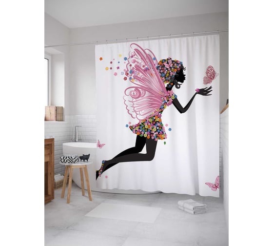 Штора (занавеска) для ванной JoyArty "Цветочная фея" из сатена, 180х200 см с крючками, sc_2696 1