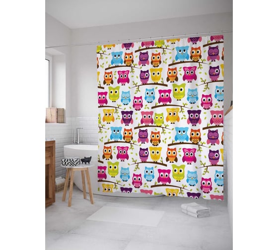 Штора (занавеска) для ванной JoyArty "Совиное представление" из сатена, 180х200 см с крючками, sc_10816 1