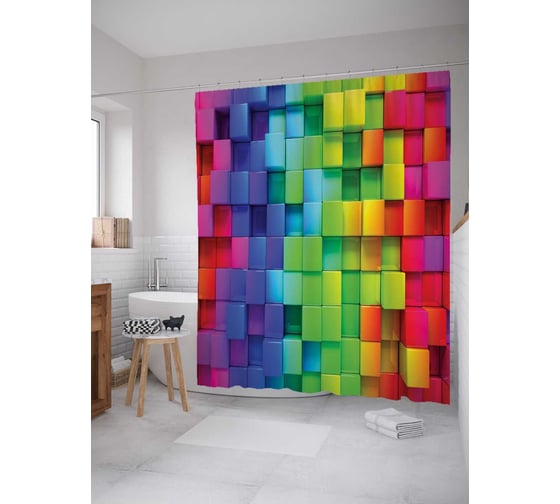 Штора (занавеска) для ванной JoyArty "Радужные блоки" из сатена, 180х200 см с крючками, sc_20926 1