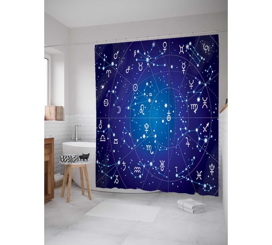 Штора (занавеска) для ванной JoyArty "Зодиакальный узор" из сатена, 180х200 см с крючками, sc_13360