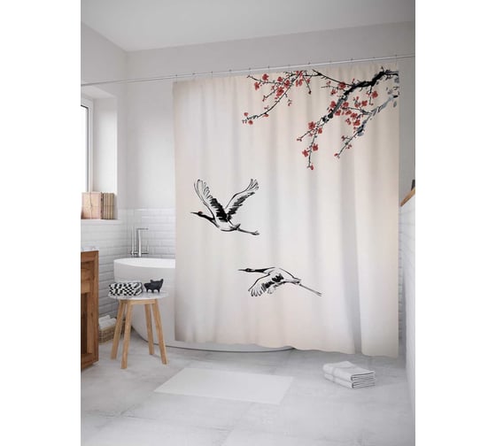 Штора (занавеска) для ванной JoyArty "Улетающие журавли" из сатена, 180х200 см с крючками, sc_14279 1
