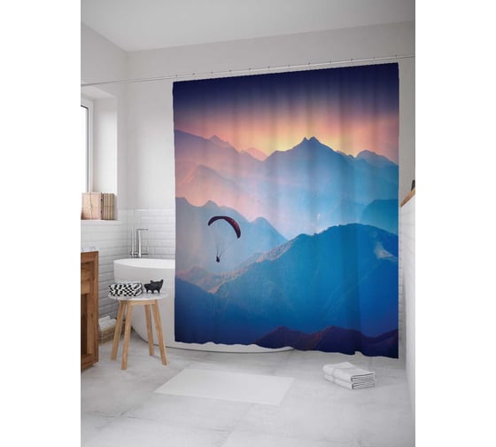 Штора (занавеска) для ванной JoyArty "В горах на парашюте" из сатена, 180х200 см с крючками, sc_17318 1