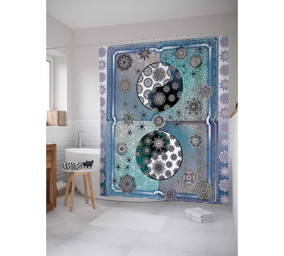 Штора (занавеска) для ванной JoyArty "Цветочный инь янь в рамке" из сатена, 180х200 см с крючками, sc_13499 1