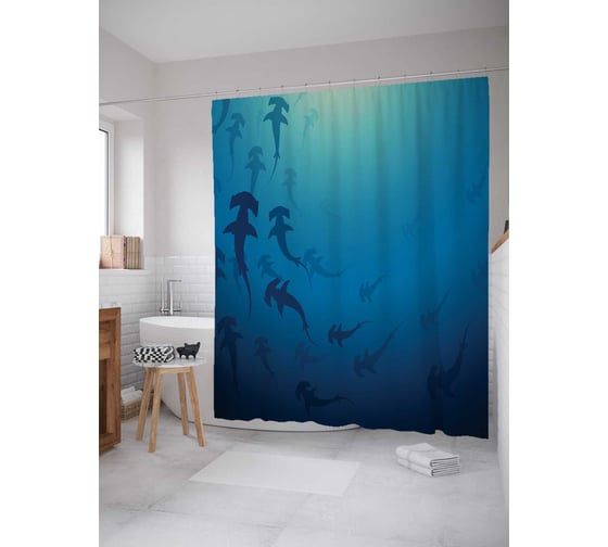 Штора (занавеска) для ванной JoyArty "Рыбы молоты" из сатена, 180х200 см с крючками, sc_17282 1