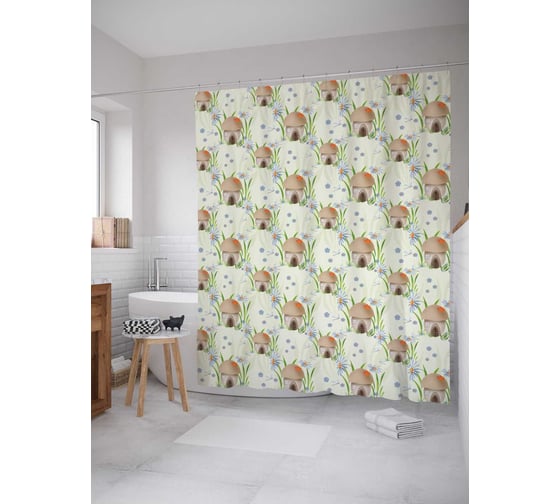 Штора (занавеска) для ванной JoyArty "Грибной поселок" из сатена, 180х200 см с крючками, sc_12098 1