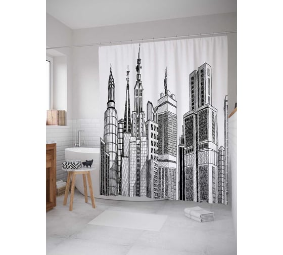 Штора (занавеска) для ванной JoyArty "Высотные дома" из сатена, 180х200 см с крючками, sc_18086 1