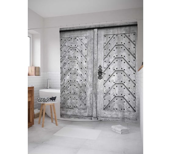 Штора (занавеска) для ванной JoyArty "Серая дверь" из сатена, 180х200 см с крючками, sc_11659 1