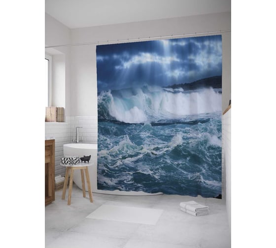 Штора (занавеска) для ванной JoyArty "Агрессивная вода" из сатена, 180х200 см с крючками, sc_10269 1