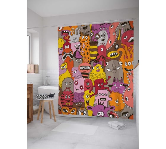 Штора (занавеска) для ванной JoyArty "Монстры-подростки" из сатена, 180х200 см с крючками, sc_18654 1