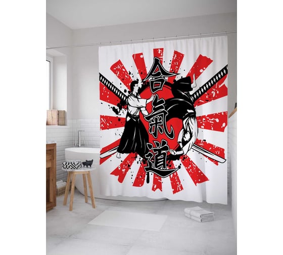 Штора (занавеска) для ванной JoyArty "Мастер катаны" из сатена, 180х200 см с крючками, sc_18296 1