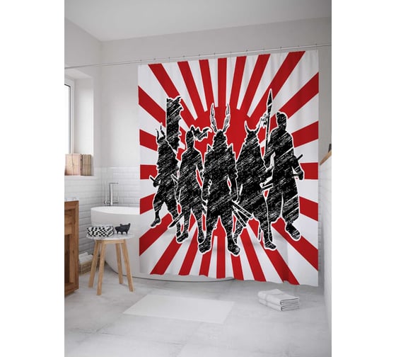 Штора (занавеска) для ванной JoyArty "Теневые воины" из сатена, 180х200 см с крючками, sc_18288 1