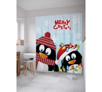 Штора (занавеска) для ванной JoyArty "Праздничные пингвины" из сатена, 180х200 см с крючками, sc_20046